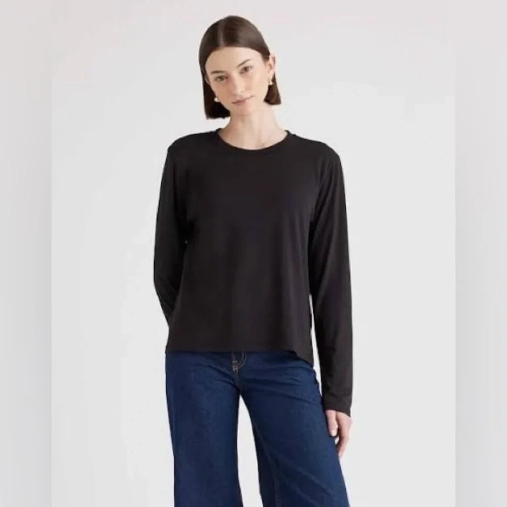 Quince T-Shirt Large Black Cotton Modal Relaxed Long Sleeve Crewneck Casual Top